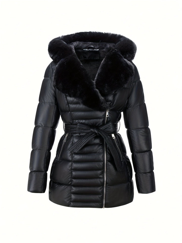 Ingrid – Elegante Damen- Lederjacke mit Kapuze aus Kunstfell und Gürtel-Detail