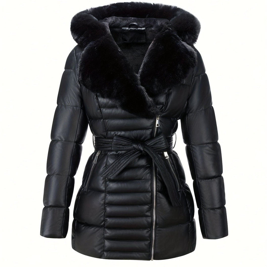 Ingrid – Elegante Damen- Lederjacke mit Kapuze aus Kunstfell und Gürtel-Detail