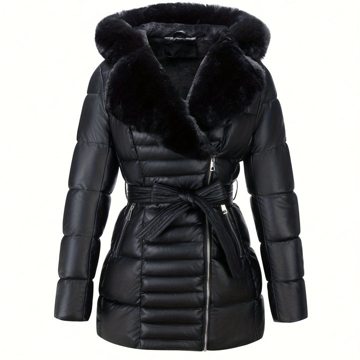 Ingrid – Elegante Damen- Lederjacke mit Kapuze aus Kunstfell und Gürtel-Detail