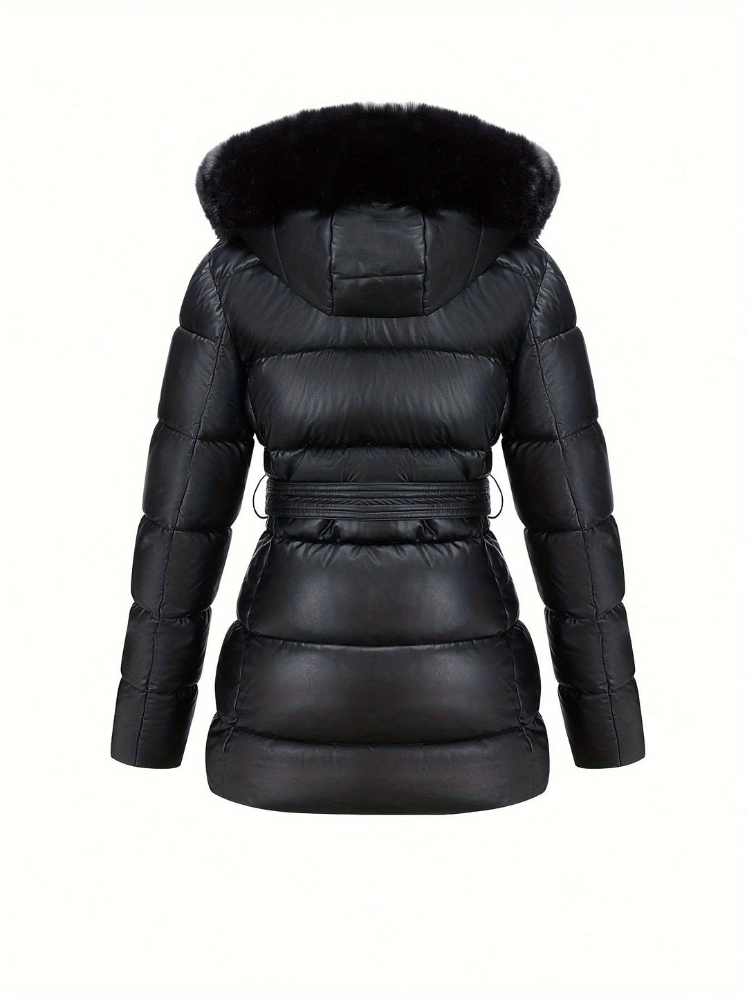 Ingrid – Elegante Damen- Lederjacke mit Kapuze aus Kunstfell und Gürtel-Detail