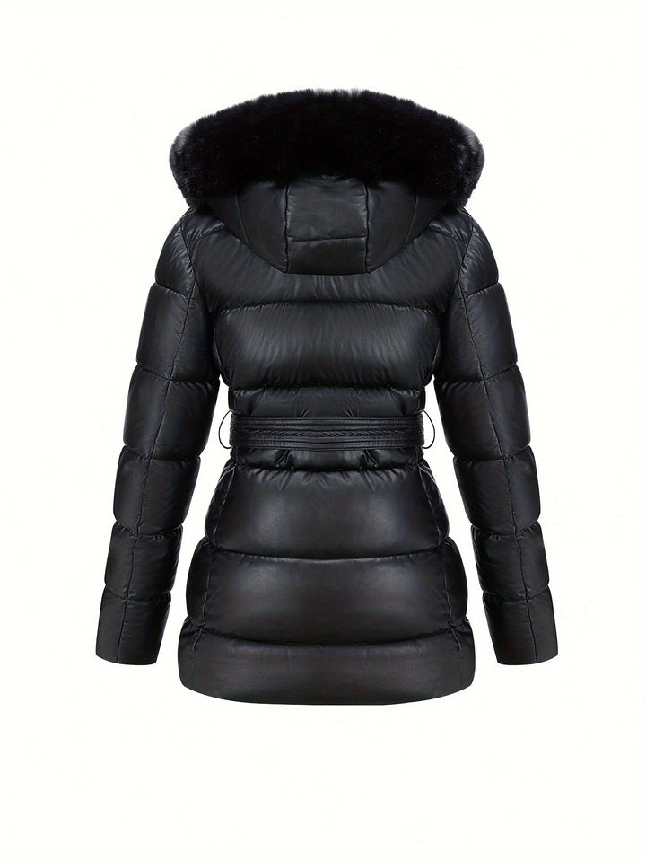 Ingrid – Elegante Damen- Lederjacke mit Kapuze aus Kunstfell und Gürtel-Detail